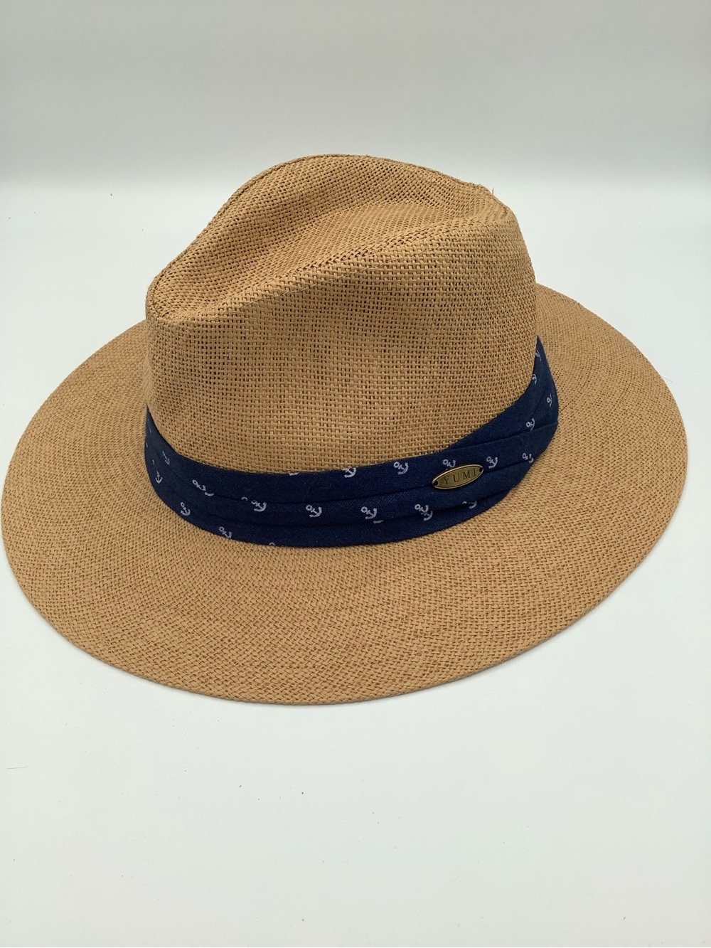 Umi Tan Straw Fedora with Navy Anchor Band Detail